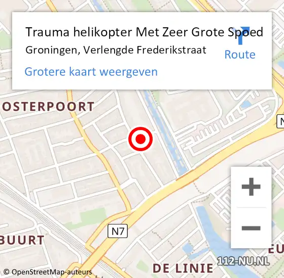 Locatie op kaart van de 112 melding: Trauma helikopter Met Zeer Grote Spoed Naar Groningen, Verlengde Frederikstraat op 23 april 2024 09:09