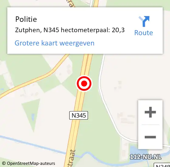 Locatie op kaart van de 112 melding: Politie Zutphen, N345 hectometerpaal: 20,3 op 23 april 2024 10:55