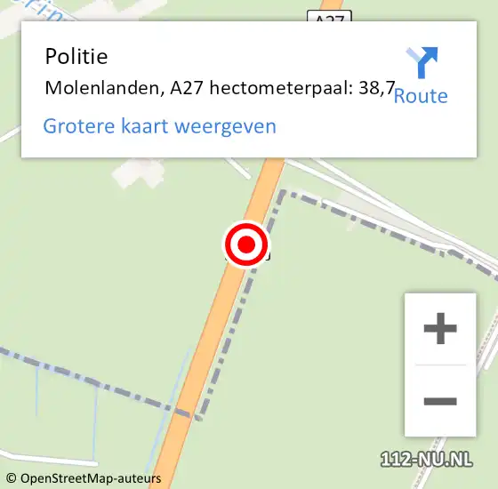 Locatie op kaart van de 112 melding: Politie Molenlanden, A27 hectometerpaal: 38,7 op 23 april 2024 12:42