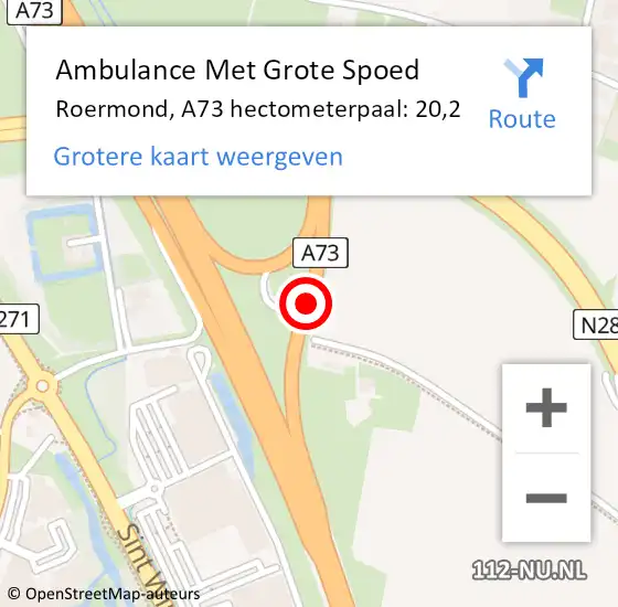 Locatie op kaart van de 112 melding: Ambulance Met Grote Spoed Naar Roermond, A73 hectometerpaal: 20,2 op 23 april 2024 12:54
