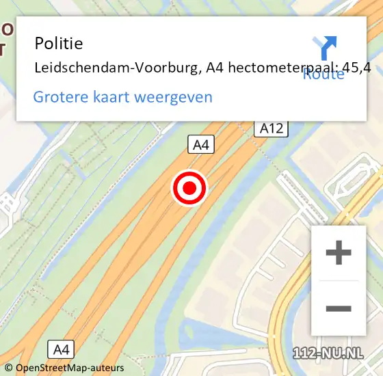 Locatie op kaart van de 112 melding: Politie Leidschendam-Voorburg, A4 hectometerpaal: 45,4 op 23 april 2024 13:41