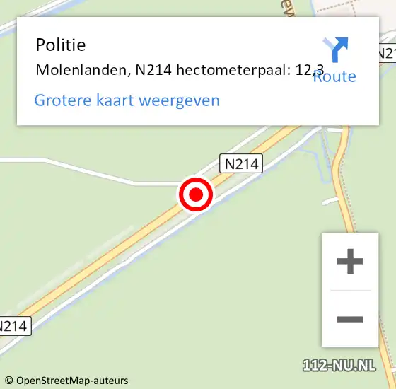 Locatie op kaart van de 112 melding: Politie Molenlanden, N214 hectometerpaal: 12,3 op 23 april 2024 14:01