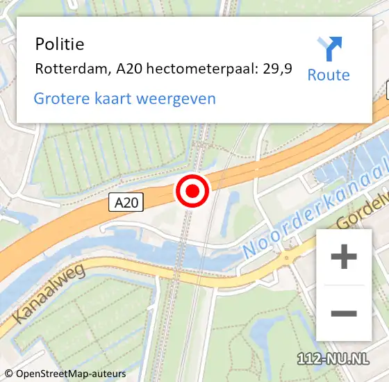 Locatie op kaart van de 112 melding: Politie Rotterdam, A20 hectometerpaal: 29,9 op 23 april 2024 16:12