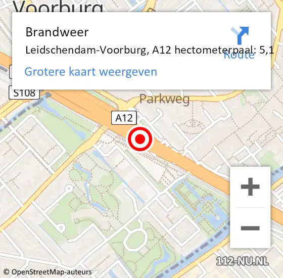 Locatie op kaart van de 112 melding: Brandweer Leidschendam-Voorburg, A12 hectometerpaal: 5,1 op 23 april 2024 17:19