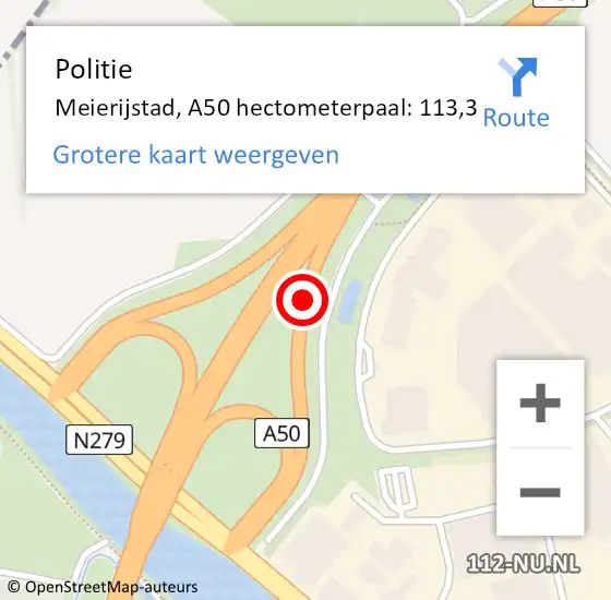 Locatie op kaart van de 112 melding: Politie Meierijstad, A50 hectometerpaal: 113,3 op 23 april 2024 17:19