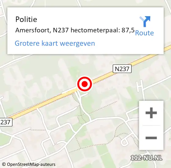 Locatie op kaart van de 112 melding: Politie Amersfoort, N237 hectometerpaal: 87,5 op 24 april 2024 09:28