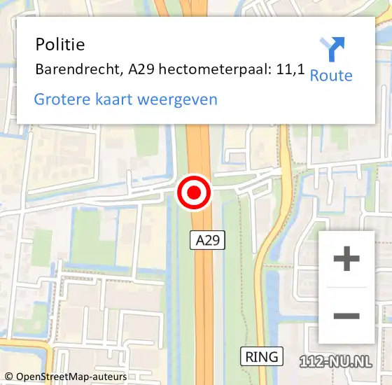 Locatie op kaart van de 112 melding: Politie Barendrecht, A29 hectometerpaal: 11,1 op 24 april 2024 12:06