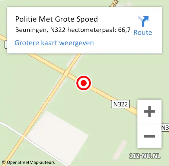 Locatie op kaart van de 112 melding: Politie Met Grote Spoed Naar Beuningen, N322 hectometerpaal: 66,7 op 24 april 2024 17:09