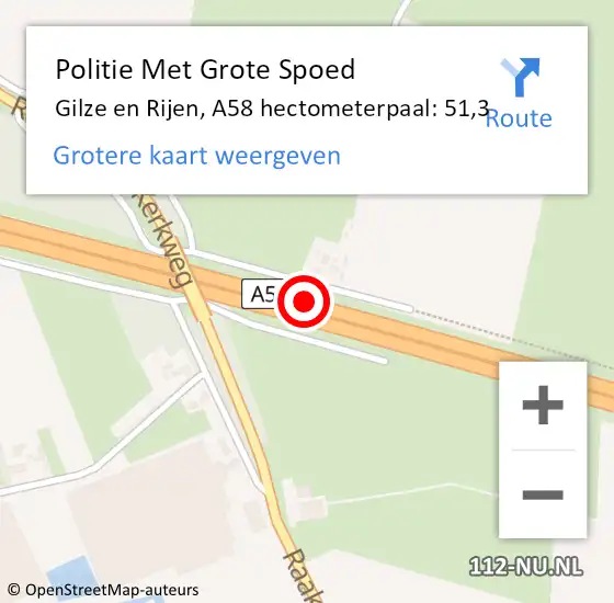 Locatie op kaart van de 112 melding: Politie Met Grote Spoed Naar Gilze en Rijen, A58 hectometerpaal: 51,3 op 24 april 2024 23:53