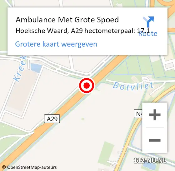 Locatie op kaart van de 112 melding: Ambulance Met Grote Spoed Naar Hoeksche Waard, A29 hectometerpaal: 17,1 op 25 april 2024 03:29