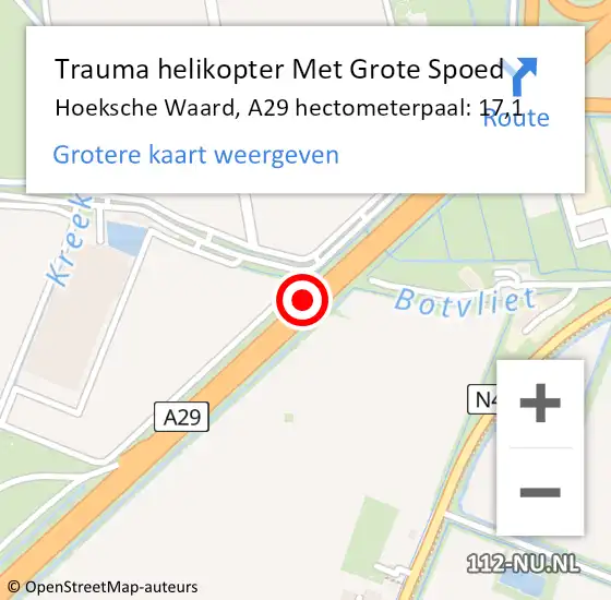 Locatie op kaart van de 112 melding: Trauma helikopter Met Grote Spoed Naar Hoeksche Waard, A29 hectometerpaal: 17,1 op 25 april 2024 03:32