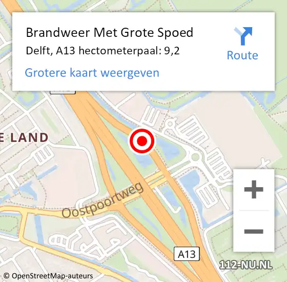 Locatie op kaart van de 112 melding: Brandweer Met Grote Spoed Naar Delft, A13 hectometerpaal: 9,2 op 25 april 2024 18:42