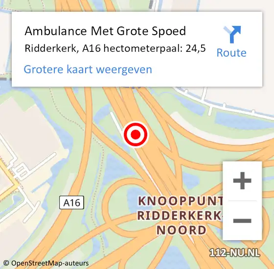 Locatie op kaart van de 112 melding: Ambulance Met Grote Spoed Naar Ridderkerk, A16 hectometerpaal: 24,5 op 25 april 2024 20:58