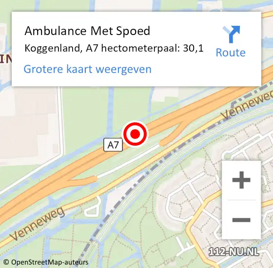 Locatie op kaart van de 112 melding: Ambulance Met Spoed Naar Koggenland, A7 hectometerpaal: 30,1 op 25 april 2024 22:47