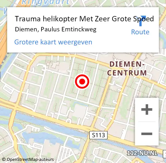 Locatie op kaart van de 112 melding: Trauma helikopter Met Zeer Grote Spoed Naar Diemen, Paulus Emtinckweg op 25 april 2024 23:31