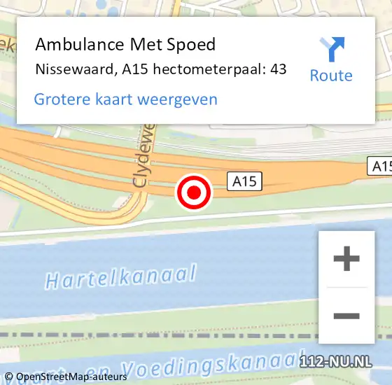 Locatie op kaart van de 112 melding: Ambulance Met Spoed Naar Nissewaard, A15 hectometerpaal: 43 op 26 april 2024 07:19