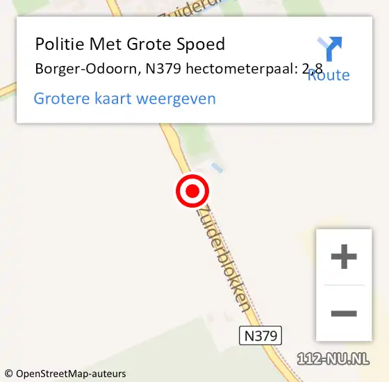 Locatie op kaart van de 112 melding: Politie Met Grote Spoed Naar Borger-Odoorn, N379 hectometerpaal: 2,8 op 26 april 2024 14:26