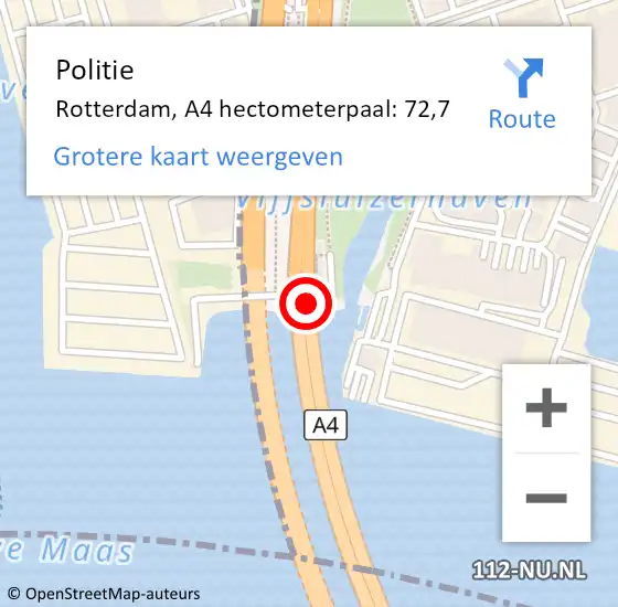 Locatie op kaart van de 112 melding: Politie Rotterdam, A4 hectometerpaal: 72,7 op 26 april 2024 16:06