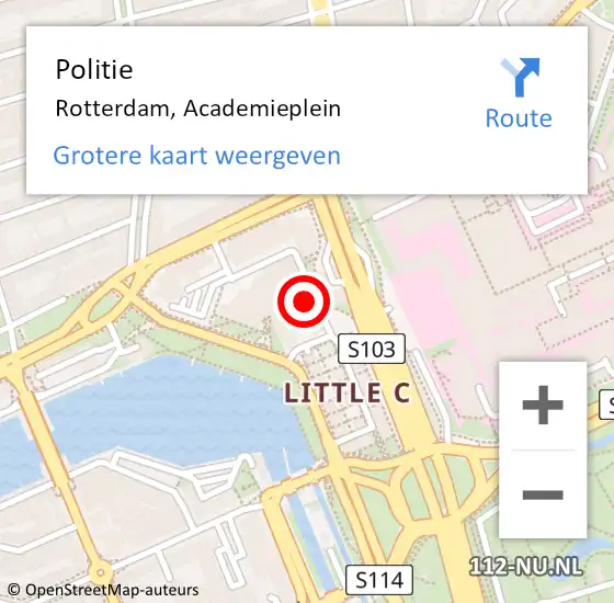 Locatie op kaart van de 112 melding: Politie Rotterdam, Academieplein op 26 april 2024 18:14