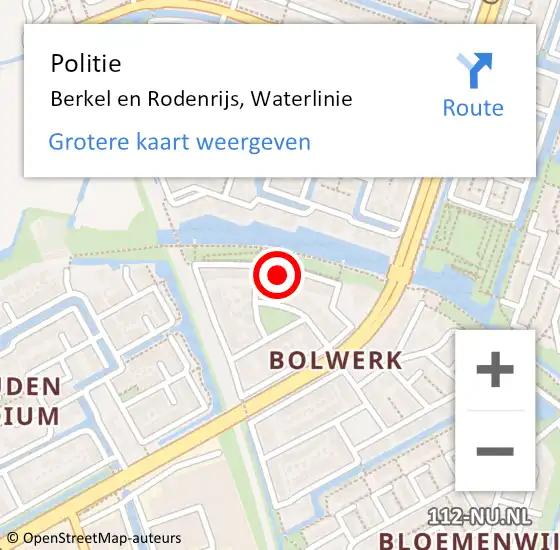 Locatie op kaart van de 112 melding: Politie Berkel en Rodenrijs, Waterlinie op 26 april 2024 18:37