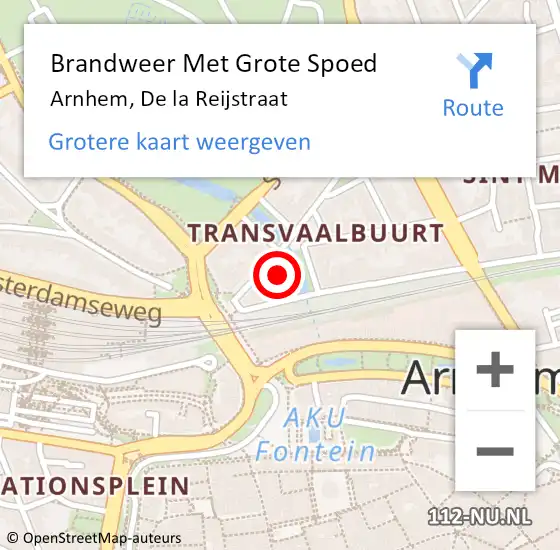 Locatie op kaart van de 112 melding: Brandweer Met Grote Spoed Naar Arnhem, De la Reijstraat op 26 april 2024 18:44