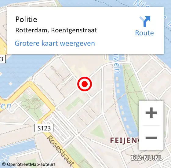 Locatie op kaart van de 112 melding: Politie Rotterdam, Roentgenstraat op 26 april 2024 20:02