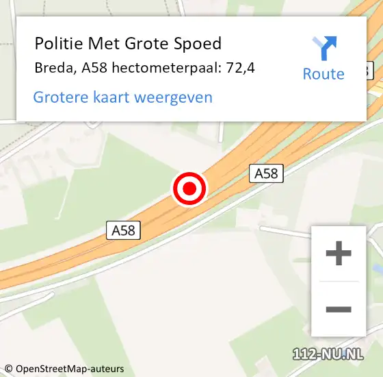 Locatie op kaart van de 112 melding: Politie Met Grote Spoed Naar Breda, A58 hectometerpaal: 72,4 op 26 april 2024 21:31