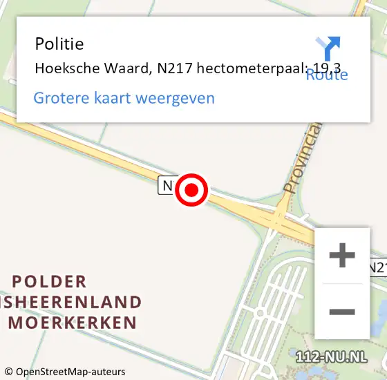 Locatie op kaart van de 112 melding: Politie Hoeksche Waard, N217 hectometerpaal: 19,3 op 27 april 2024 01:54