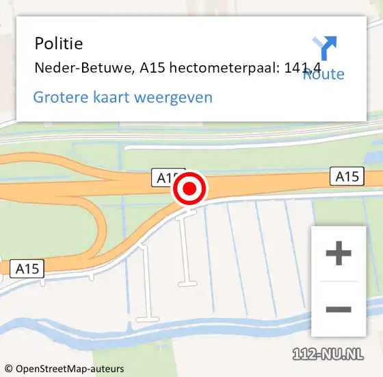 Locatie op kaart van de 112 melding: Politie Neder-Betuwe, A15 hectometerpaal: 141,4 op 27 april 2024 05:34