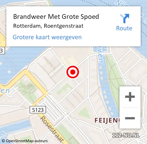 Locatie op kaart van de 112 melding: Brandweer Met Grote Spoed Naar Rotterdam, Roentgenstraat op 27 april 2024 09:17
