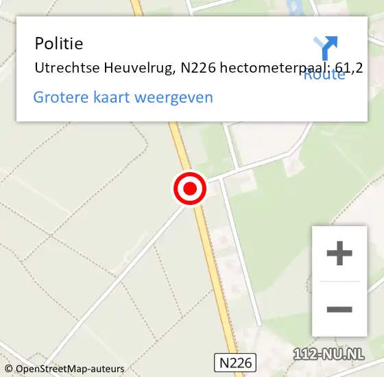 Locatie op kaart van de 112 melding: Politie Utrechtse Heuvelrug, N226 hectometerpaal: 61,2 op 27 april 2024 14:12