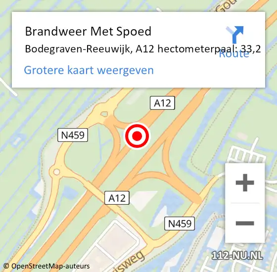 Locatie op kaart van de 112 melding: Brandweer Met Spoed Naar Bodegraven-Reeuwijk, A12 hectometerpaal: 33,2 op 27 april 2024 14:12