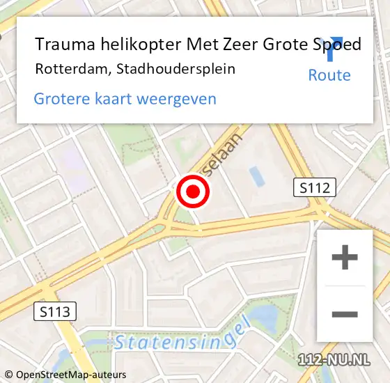 Locatie op kaart van de 112 melding: Trauma helikopter Met Zeer Grote Spoed Naar Rotterdam, Stadhoudersplein op 27 april 2024 18:11