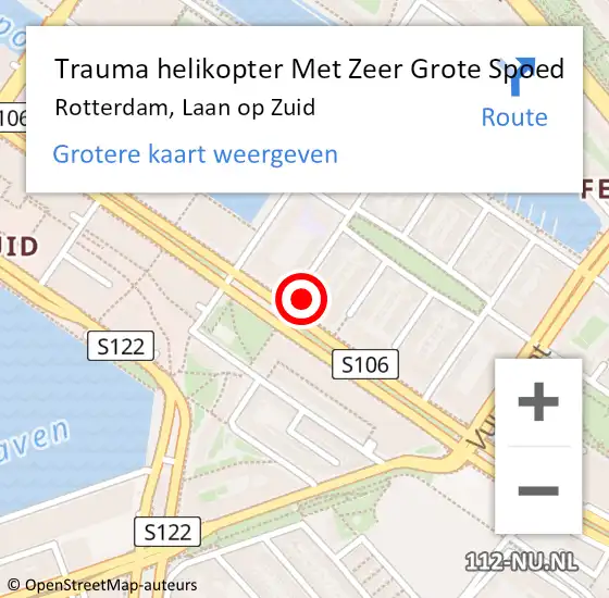 Locatie op kaart van de 112 melding: Trauma helikopter Met Zeer Grote Spoed Naar Rotterdam, Laan op Zuid op 27 april 2024 18:56