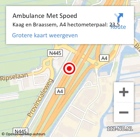 Locatie op kaart van de 112 melding: Ambulance Met Spoed Naar Kaag en Braassem, A4 hectometerpaal: 23,5 op 28 april 2024 00:42