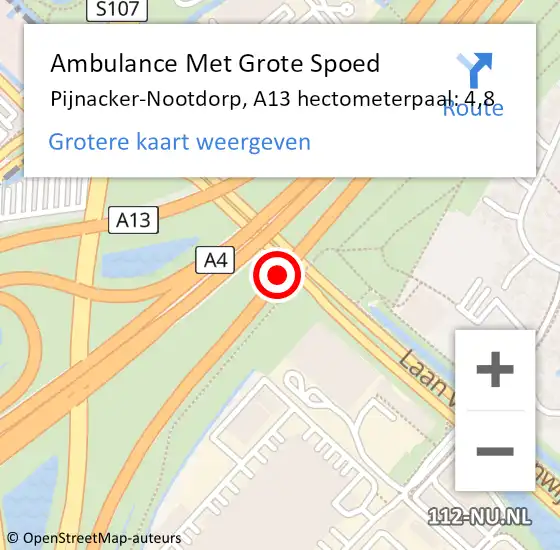 Locatie op kaart van de 112 melding: Ambulance Met Grote Spoed Naar Pijnacker-Nootdorp, A13 hectometerpaal: 4,8 op 28 april 2024 01:35
