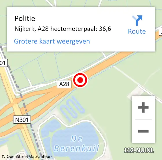 Locatie op kaart van de 112 melding: Politie Nijkerk, A28 hectometerpaal: 36,6 op 28 april 2024 04:49