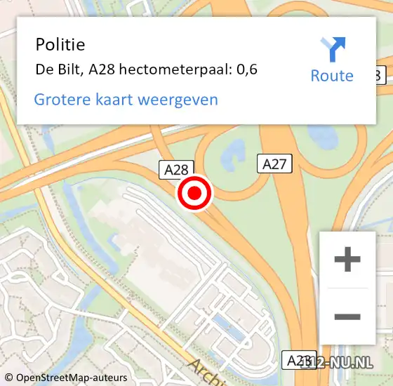 Locatie op kaart van de 112 melding: Politie De Bilt, A28 hectometerpaal: 0,6 op 28 april 2024 22:56