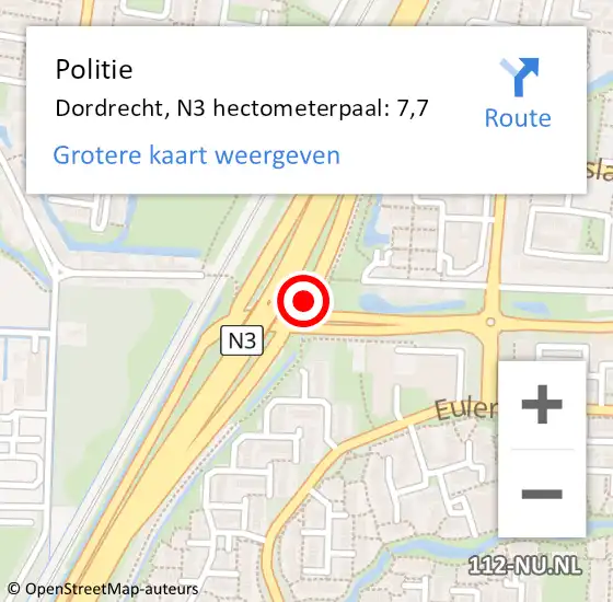 Locatie op kaart van de 112 melding: Politie Dordrecht, N3 hectometerpaal: 7,7 op 28 april 2024 23:01