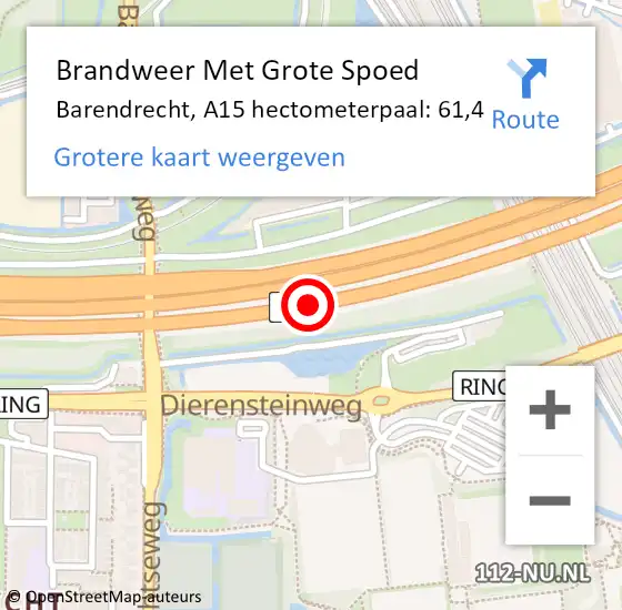 Locatie op kaart van de 112 melding: Brandweer Met Grote Spoed Naar Barendrecht, A15 hectometerpaal: 61,4 op 29 april 2024 08:48