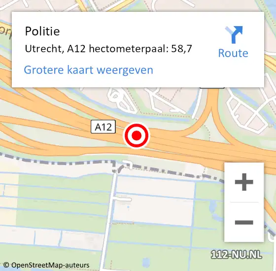 Locatie op kaart van de 112 melding: Politie Utrecht, A12 hectometerpaal: 58,7 op 29 april 2024 13:11