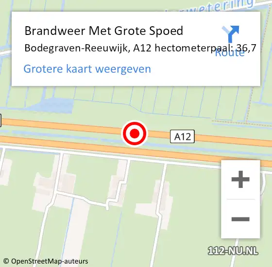 Locatie op kaart van de 112 melding: Brandweer Met Grote Spoed Naar Bodegraven-Reeuwijk, A12 hectometerpaal: 36,7 op 29 april 2024 13:56