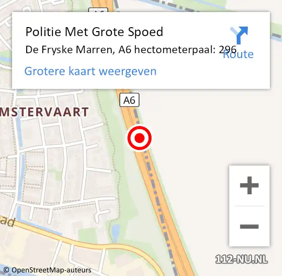 Locatie op kaart van de 112 melding: Politie Met Grote Spoed Naar De Fryske Marren, A6 hectometerpaal: 296 op 29 april 2024 15:07