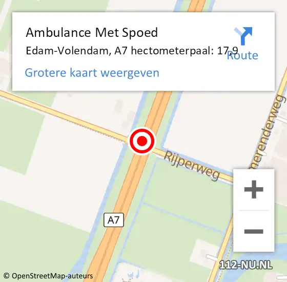 Locatie op kaart van de 112 melding: Ambulance Met Spoed Naar Edam-Volendam, A7 hectometerpaal: 17,9 op 29 april 2024 15:09