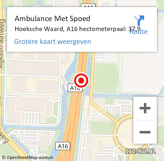 Locatie op kaart van de 112 melding: Ambulance Met Spoed Naar Hoeksche Waard, A16 hectometerpaal: 37,9 op 29 april 2024 16:37