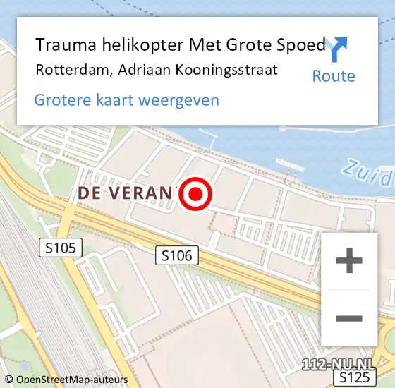 Locatie op kaart van de 112 melding: Trauma helikopter Met Grote Spoed Naar Rotterdam, Adriaan Kooningsstraat op 29 april 2024 21:35