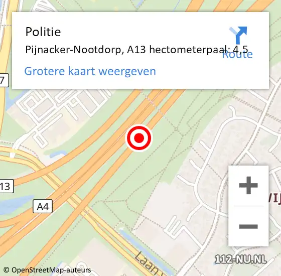 Locatie op kaart van de 112 melding: Politie Pijnacker-Nootdorp, A13 hectometerpaal: 4,5 op 30 april 2024 07:36