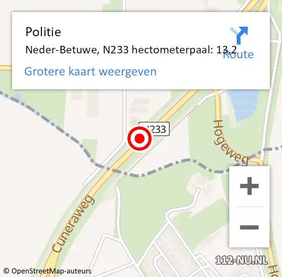 Locatie op kaart van de 112 melding: Politie Neder-Betuwe, N233 hectometerpaal: 13,2 op 30 april 2024 10:15