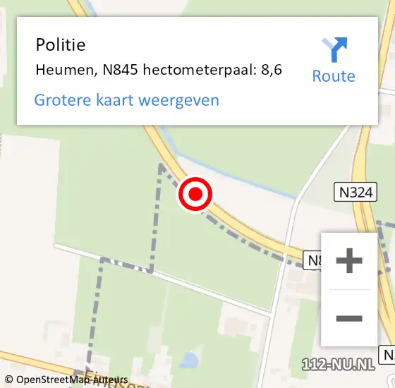 Locatie op kaart van de 112 melding: Politie Heumen, N845 hectometerpaal: 8,6 op 30 april 2024 17:25