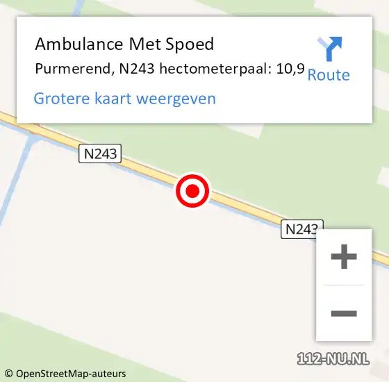 Locatie op kaart van de 112 melding: Ambulance Met Spoed Naar Purmerend, N243 hectometerpaal: 10,9 op 1 mei 2024 09:22